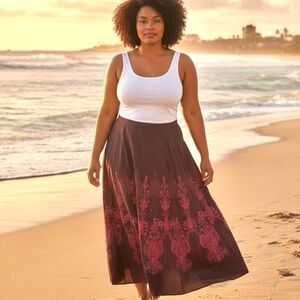 𝅺COLDWATER Creek 100% Cotton Sequins Maxi Skirt Stretch Waist Side Zip size M